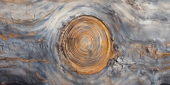 Tree rings in old weathered wood showcase a unique texture, featuring the cross section of a cut log that creates an abstract nature background highlighting the beauty of tree rings.