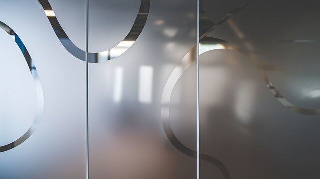 Closeup of a frosted glass partition with etched circular patterns. Soft light filters through, showcasing the translucent materials privacy features in a modern office setting.