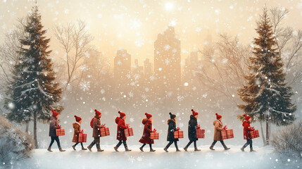 painted illustration of cute Christmas people characters with gift boxes. Christmas village