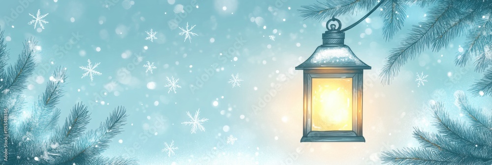 Aufkleber winter doodle of a glowing street lantern surrounded by softly falling snowflakes in a serene nightt