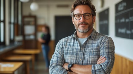 Fototapeta premium Man with glasses and a plaid shirt, standing confidently in a room with wooden tables