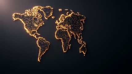 The image contains a glowing, wireframe-style map of the world set against a dark background.A medium description sentence:  A stylized, glowing world map composed of interconnected lines illuminates
