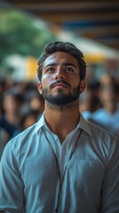 Bearded man in a white shirt gazes upwards, standing among a blurred crowd, with soft lighting overhead