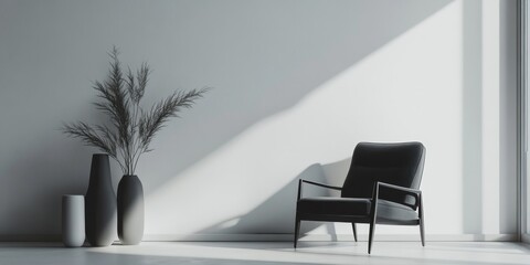 A monochrome space showcases an unoccupied black armchair alongside stylish decorative pieces. This modern wall design reflects concepts of home decor, living space, and relaxation. Mockup display.