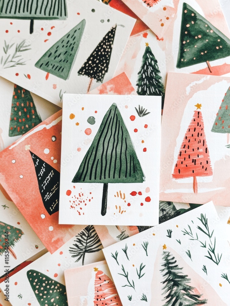 Poster collection of colorful hand painted christmas cards featuring various tree designs scattered around 
