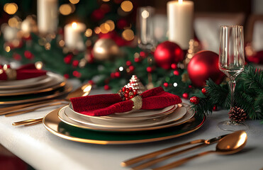 Elegant holiday dining setup featuring red and green decor with festive tableware