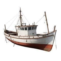 Naklejka premium An old, weathered fishing boat with a wooden hull and superstructure