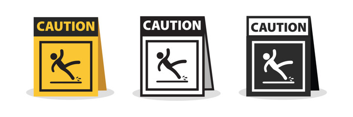 Wet Floor Sign set.. Slippery floor vector icon. Safety yellow slippery floor warning. Fall falling danger accident sign.