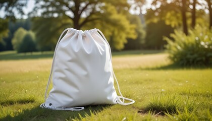 A white drawstring backpack or bag sitting on a grassy field with blurred trees in the background