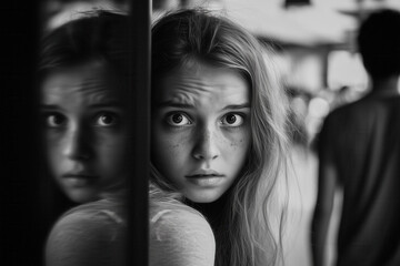 The discomfort of female adolescence. Black and white image of a young teenager experiencing her own inner discomfort