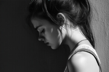 The discomfort of female adolescence. Black and white image of a young teenager experiencing her own inner discomfort