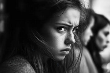 The discomfort of female adolescence. Black and white image of a young teenager experiencing her own inner discomfort