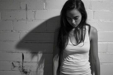 The discomfort of female adolescence. Black and white image of a young teenager experiencing her own inner discomfort 008