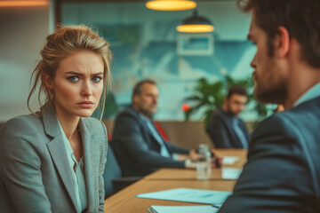The discomfort of a woman in her workplace, surrounded by a strong presence of male colleagues