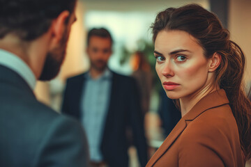 The discomfort of a woman in her workplace, surrounded by a strong presence of male colleagues