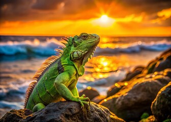 Long Exposure Photo of Iguana Basking on Volcanic Rock at Sunset