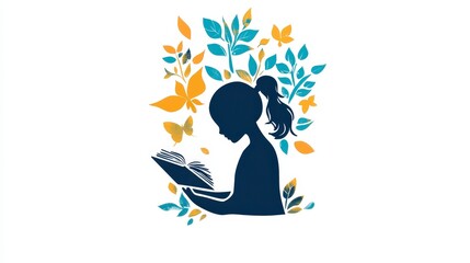 Silhouette of Child Reading Surrounded by Colorful Leaves and Butterflies
