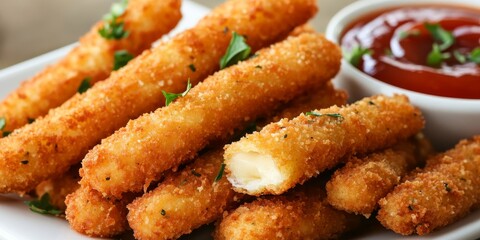 Delicious breaded fried mozzarella cheese sticks served with a tangy ketchup dipping sauce, perfect for snacking or appetizer lovers who enjoy the crispy, cheesy delight of mozzarella cheese sticks.