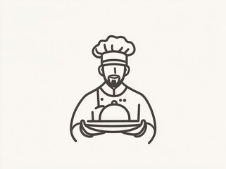 Chef Holding a Plate with Food Minimalist Line Art Illustration