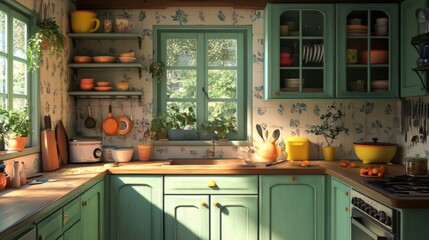 Sunny Kitchen With Vintage Cabinets And Decor