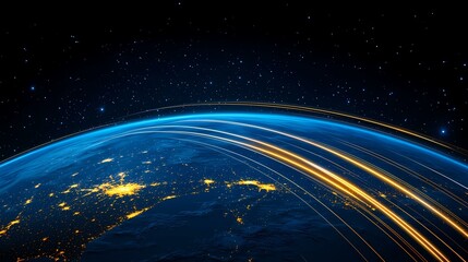Obraz premium The image shows a stylized depiction of Earth from space at night, with glowing streaks of light representing data streams or global connectivity arcing around the planet against a backdrop of stars.