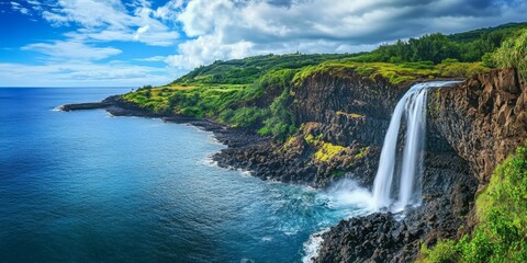 Fototapeta premium Serene waterfall cascading from a cliff into the sea, creating a stunning view at the foot of the waterfall. The beauty of the waterfall draws attention to its powerful flow and scenic surroundings.