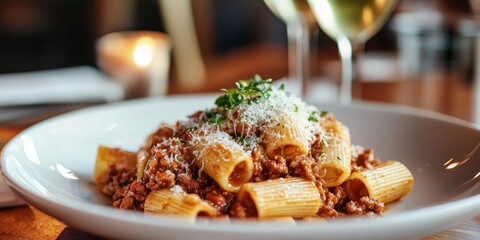 Bolognese pasta served on a plate captures the delicious essence of Bolognese pasta in a studio setting, showcasing the inviting presentation of this classic dish.
