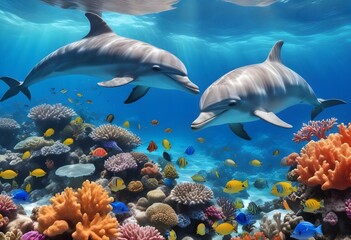 Fototapeta premium Two dolphins swimming in a coral reef underwater scene with colorful tropical fish