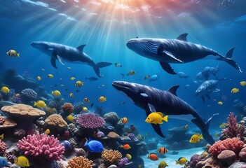 Fototapeta premium Whales swimming in a coral reef underwater scene with colorful tropical fish