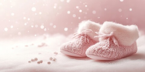 Baby booties displayed on a soft pink background, highlighting the adorable design of these baby booties, perfect for capturing the essence of childhood and tenderness in your collection.