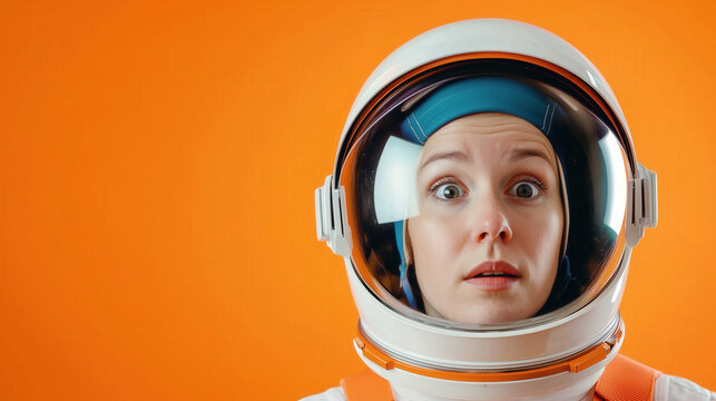 A vibrant portrait of a female astronaut in a white space suit with an expressive surprised look, captured against an orange background, with copy space. - Powered by Adobe