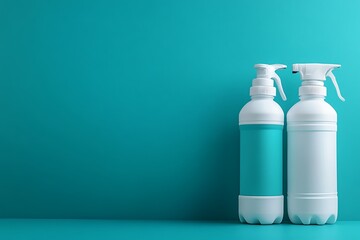 Two plastic bottles, one teal, one white, with spray tops against a teal background.