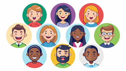 Set of diverse people’s faces representing different emotions and professions, vector illustration.
