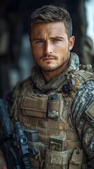 Man in military gear holds a firearm, wearing camouflage clothing with tactical equipment in an outdoor setting, looking serious
