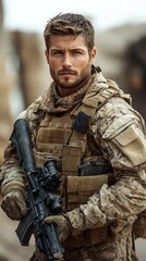Obraz premium Man in military gear holds a rifle, wearing a tactical vest, gloves, and scarf, standing in an outdoor setting