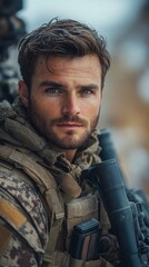 Obraz premium Soldier with a focused expression, wearing camouflage gear and holding a rifle in an outdoor setting