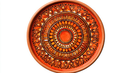 Obraz premium Intricate orange ceramic plate with geometric patterns isolated design on white backgro