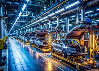 Fototapeta premium Low Light Factory: Car Engine Assembly Line Production