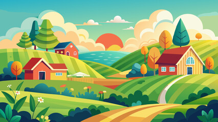 Fototapeta premium Peaceful summer countryside vector illustration, bright and colorful meadow with gentle breeze, tranquil rural environment with warm sunlight.