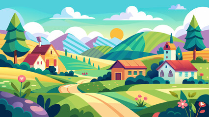 Fototapeta premium Ilustración vectorial pacífica del campo de verano, pradera brillante y colorida con brisa suave, ambiente rural tranquilo con luz solar cálida.