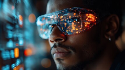 Person wearing futuristic glasses displays digital data and reflections, closely analyzing a virtual interface in a technological setting