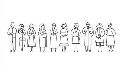 Obraz premium Group of Diverse Characters in Minimalist Outline Style Illustration