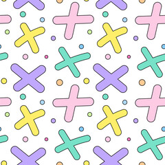 Fun and colorful seamless pattern featuring pastel crosses and scattered confetti dots on a white background.