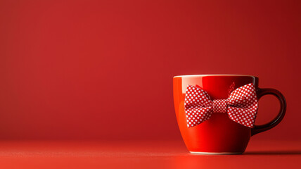 quirky red coffee cup adorned with polka dot bow tie, perfect for fun decor