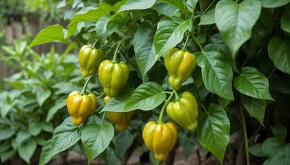 Obraz premium Habaneros growing on a plant with lush green leaves in a garden