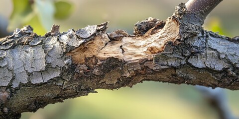 Damaged bark of a small fruit tree highlights the impact of rabbits and small animals during winter. The damaged bark reveals how these creatures affect the health of young fruit trees.