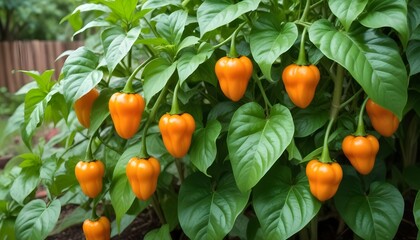 Habaneros growing on a plant with lush green leaves in a garden