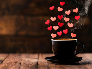 steaming coffee cup with floating hearts creates warm, romantic atmosphere