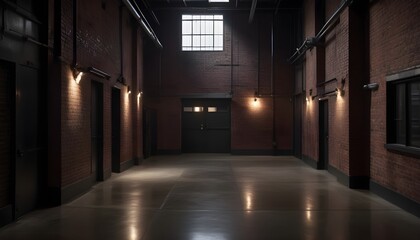 Fototapeta premium Dimly lit industrial space with exposed brick walls and a polished concrete floor, exuding a sense of gritty ambiance