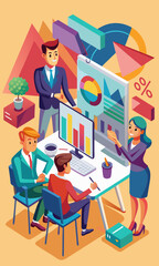Business professionals analyzing graphs and charts in a modern office, focused on sales growth and revenue increase.
